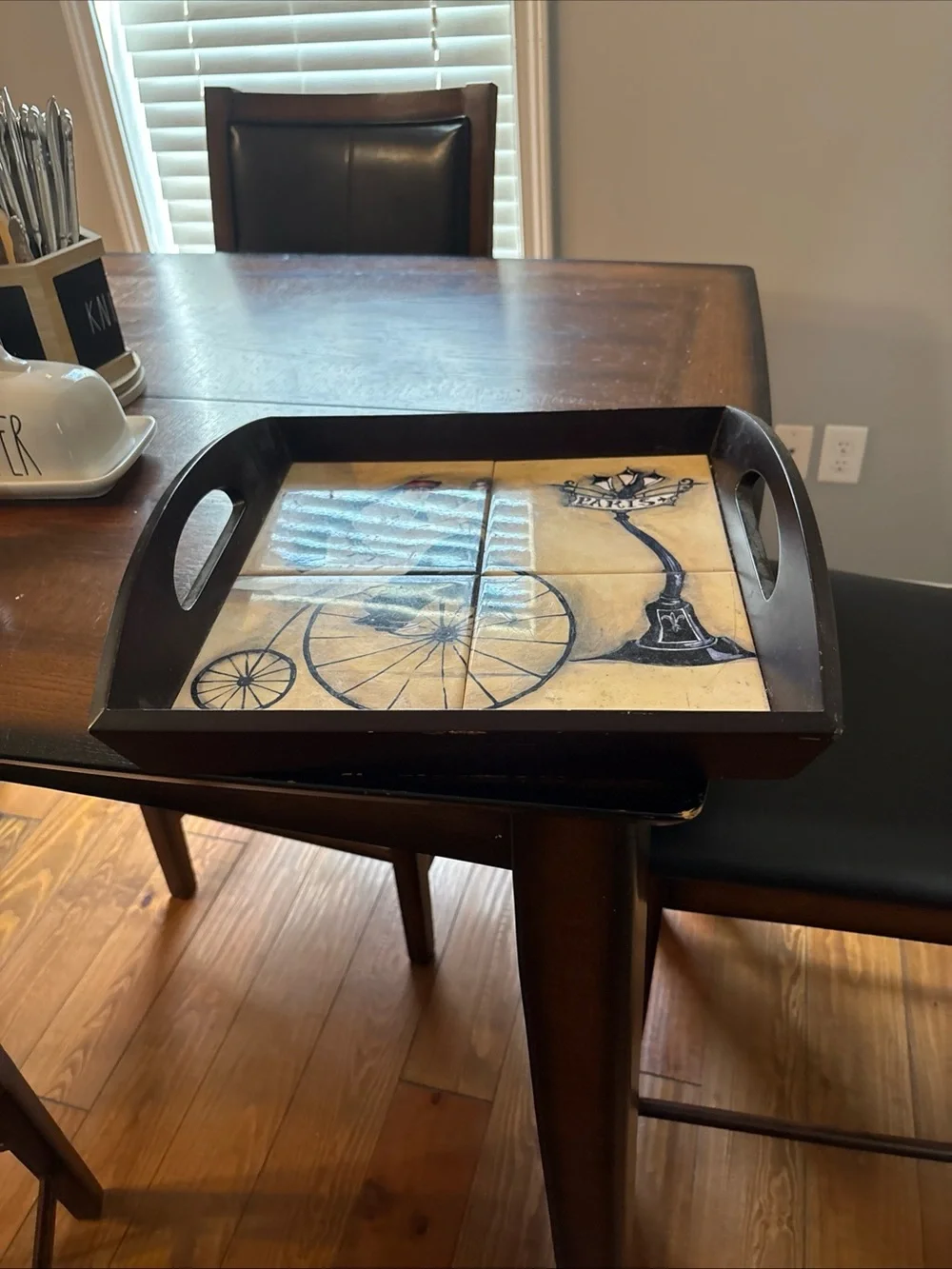 Decorative Wooden Serving Tray with Vintage Tile Inlay - Brown & Cream